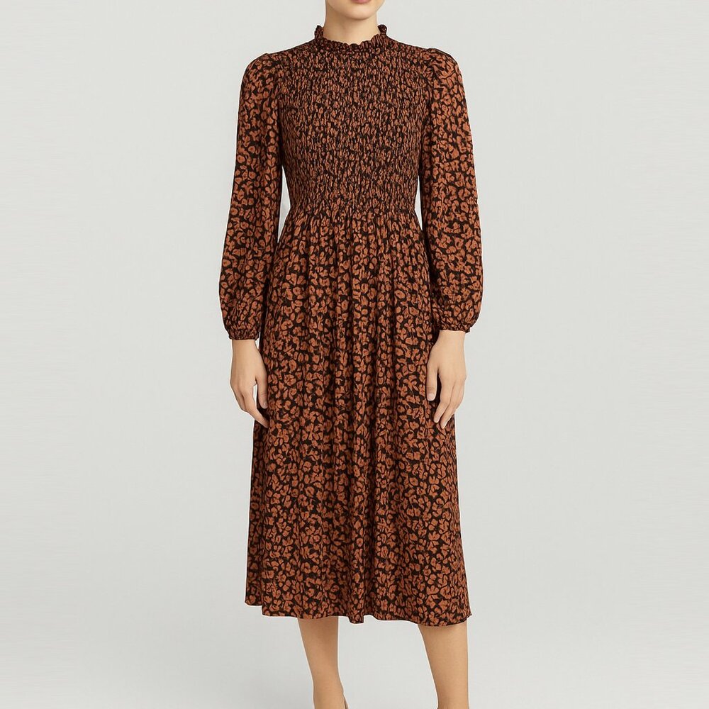 A New Day Smocked Midi Dress Rust Black Floral Long Sleeve Fall Cottagecore Boho - Picture 2 of 11